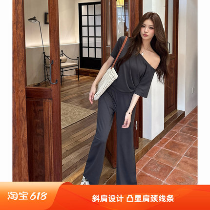 春夏实拍斜肩领纯色气质宽松垂感短袖T恤上衣阔腿长裤两件套女装