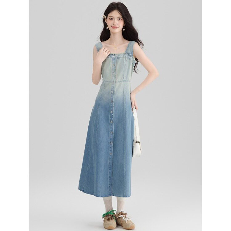 夏季实拍渐变色高腰毛边大摆A字长款复古牛仔背心系带连衣裙女装
