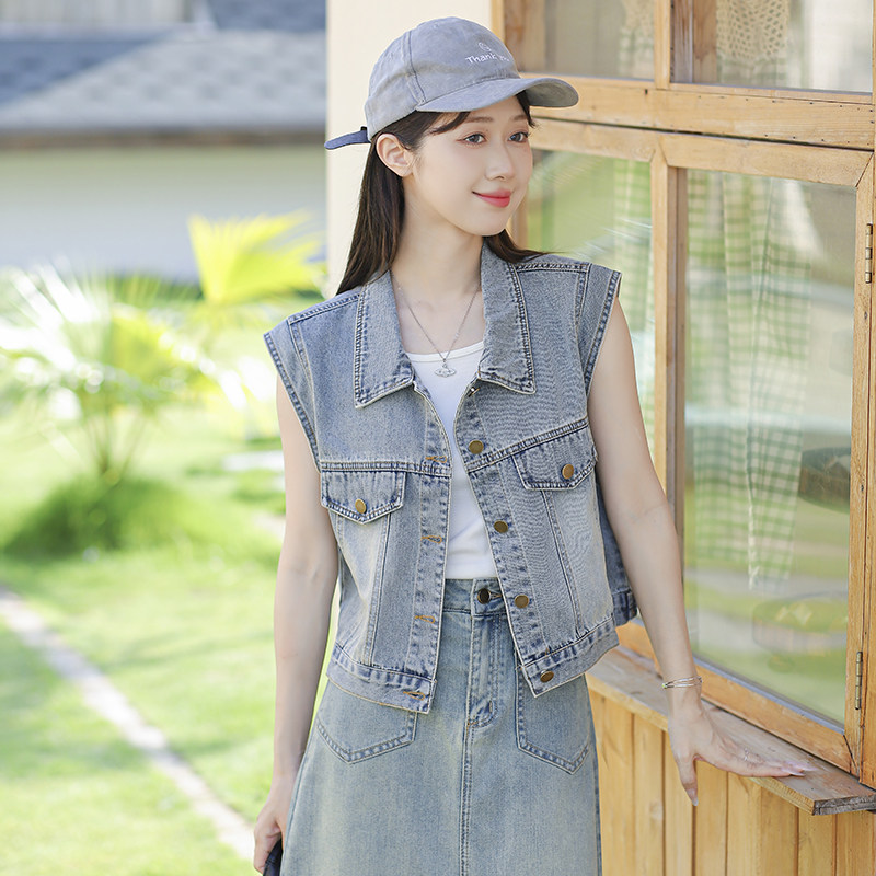 夏季实拍韩版单排扣复古修身百搭无袖宽松牛仔布背心外搭马甲女装 - 淘宝联盟商品