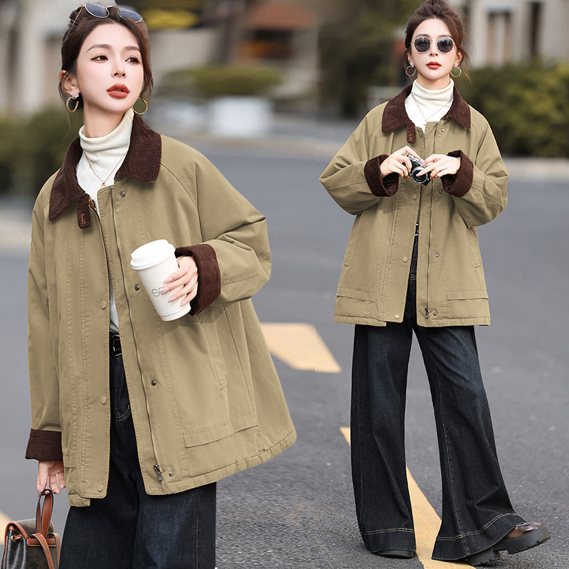 秋冬实拍拼色灯芯绒翻领休闲风加厚宽松中长款夹棉风衣外套棉服女