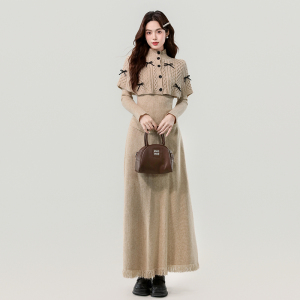 秋冬季实拍韩系设计感甜美修身长袖蝴蝶结长款三件套装针织裙女装