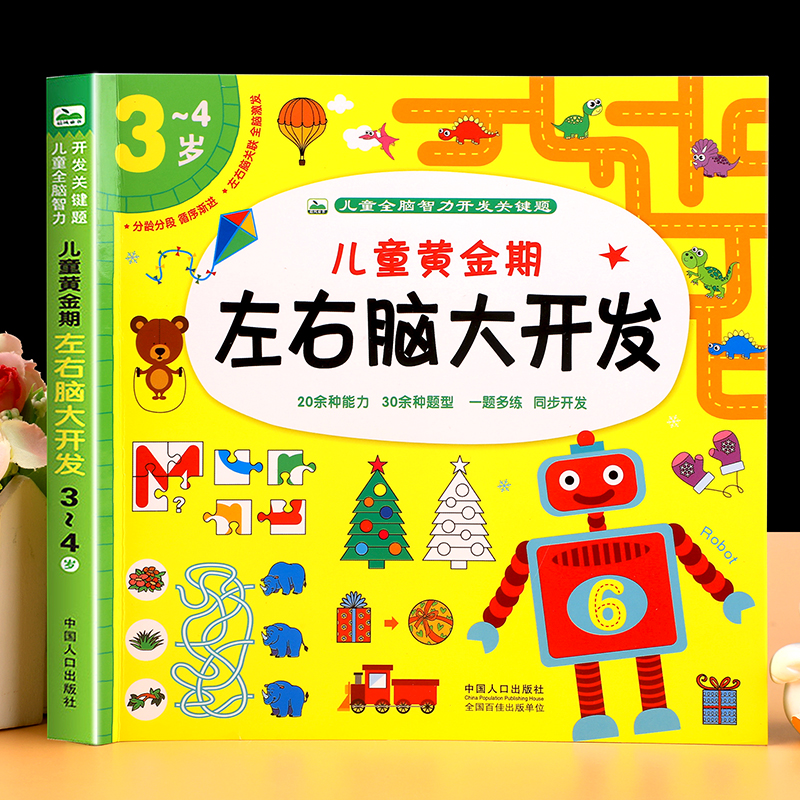 儿童黄金期左右脑大开发3-4岁儿童全脑智力开发关键题逻辑思维训练益智游戏测试题 幼儿园大班宝宝智力潜能开发启蒙认知早教书 CF