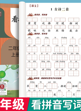 二年级看拼音写词语上册下册人教版小学2年级上下学期语文课本看拼音写生字词语拼音专项训练同步全套配练习册组词练习题RJ