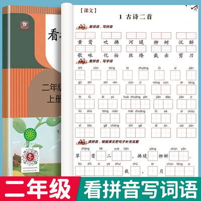 二年级看拼音写词语上册下册人教版小学2年级上下学期语文课本看拼音写生字词语拼音专项训练同步全套配练习册组词练习题RJ
