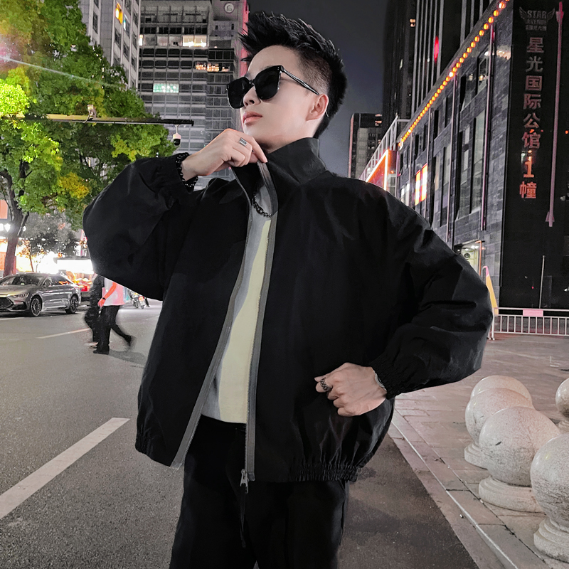 WT27A-P108控148设计高级感百搭拉链撞色透气立领运动外套夹克黑，男装夹克，电商A208