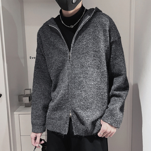 E256-P88控118设计连帽针织羊毛衫拉链百搭开衫简约纯色毛衣男 蓝图片