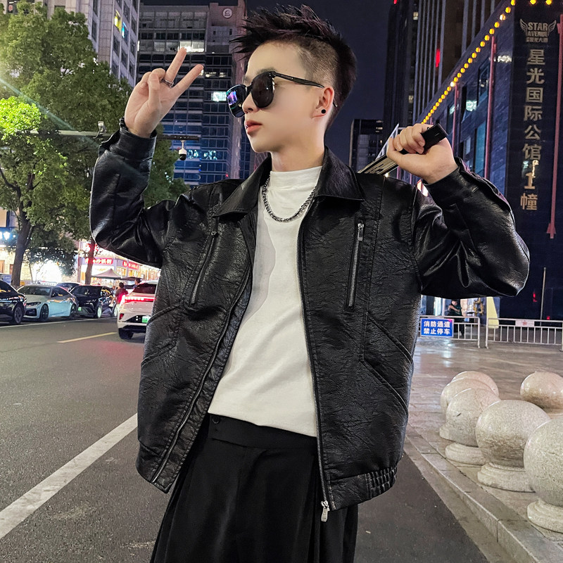 WT32-P118控158设计高级感外套防风机车PU翻领百搭外套皮衣咖,男装皮衣,电商A208