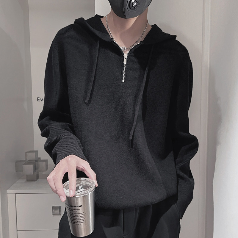 E237-P98控138设计高级感百搭套头连帽纯色男士针织羊毛衫黑,男装针织衫/毛衣,电商A208