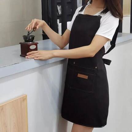 纯色简约帆布围裙纯棉时尚背带定做logo家务防水餐饮奶茶店工作服
