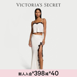 维密缎面蕾丝饰边短款 女 吊带上衣和长裙套装