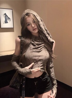 废土风美式辣妹短款修身露肩上衣