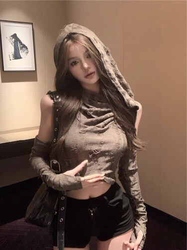 废土风美式辣妹短款修身露肩上衣