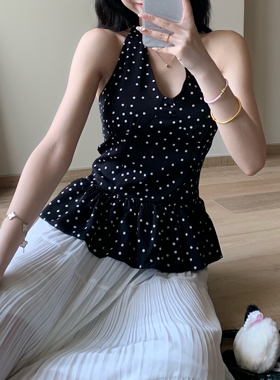 法式复古露背气质波点挂脖吊带背心女春夏季休闲收腰花边无袖上衣
