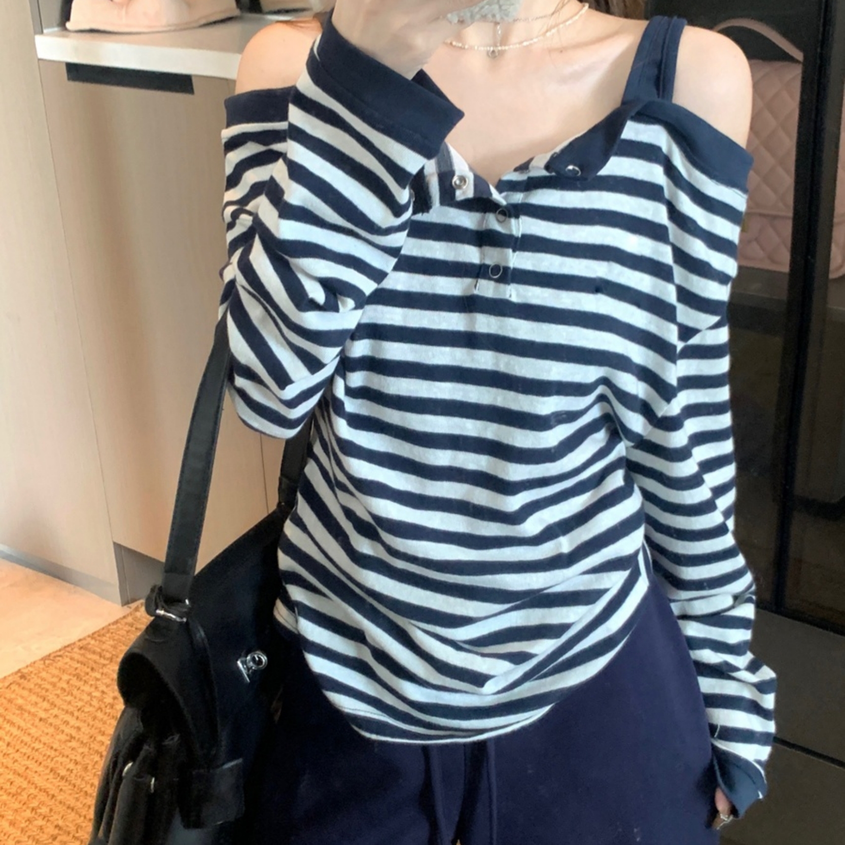 韩系休闲条纹假两件慵懒长袖上衣