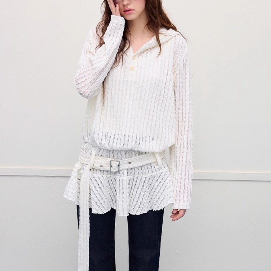 法式中长款镂空长袖打底衫女春秋夏季外穿宽松内搭连帽卫衣裙上衣