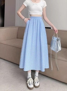 日系复古休闲蓝色格子伞裙女春夏季中长款高腰宽松显瘦a字半身裙