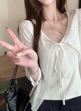 休闲防晒镂空针织开衫系带外套女春夏季白色外搭罩衫坎肩短款上衣