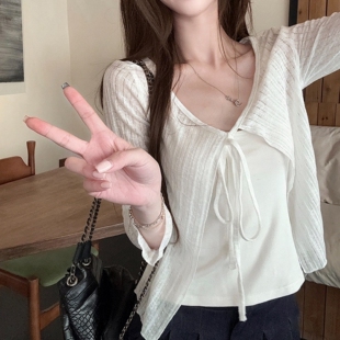休闲防晒镂空针织开衫系带外套女春夏季白色外搭罩衫坎肩短款上衣