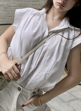 休闲法式韩版白色无袖衬衫女春秋装外穿夏季薄款宽松气质翻领上衣