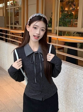 法式假两件复古辣妹格子领长袖针织衬衫女春秋季打底内搭修身上衣