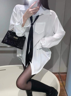 纯欲风领带雪纺中长款翻领衬衫女春秋装夏季白色宽松垂感长袖上衣