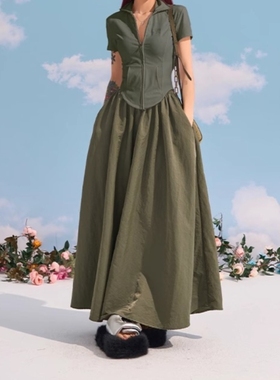 韩版复古绿色松紧腰半身裙女春秋季中长款休闲a字宽松显瘦伞裙子