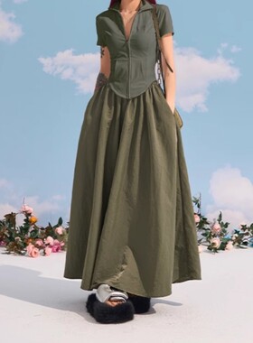 韩版复古绿色松紧腰半身裙女