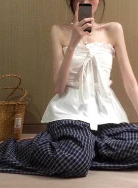 法式休闲甜美蝴蝶结绑带抹胸白背心女春夏季荷叶花边收腰露肩上衣