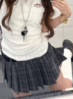 美式复古休闲黑色格纹百褶短裙女春秋装内搭夏季外穿A字半身裙子