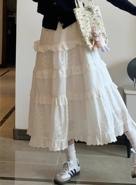 法式芭蕾风白色花边蕾丝半身裙子女夏季宽松中长款a字蓬蓬蛋糕裙