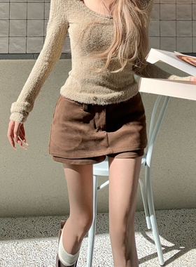美拉德复古辣妹咖色半身裙女春秋季休闲打底内搭A字包臀短裙裤子