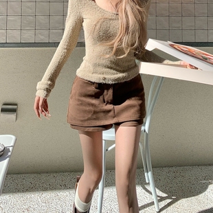 美拉德复古辣妹咖色半身裙女春秋季休闲打底内搭A字包臀短裙裤子