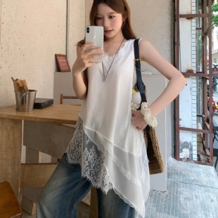 韩系休闲外搭蕾丝打底衫V领不规则中长款背心女夏季叠穿无袖上衣