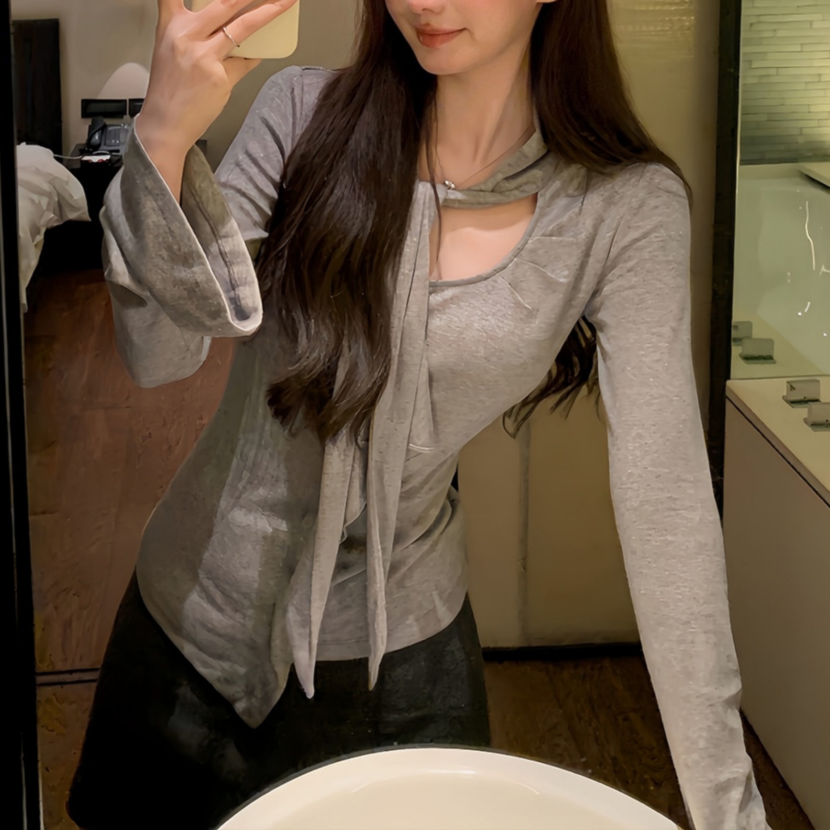 法式荷叶边蝴蝶结长袖T恤打底衫