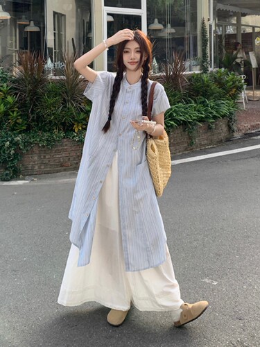 蓝条纹长款防晒开衫外套短袖衬衫