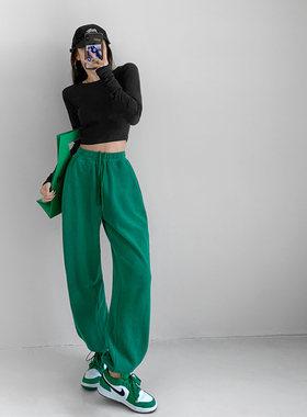 美式绿色运动长裤子女宽松春秋休闲拖地抽绳卫裤冬显瘦高腰束脚裤