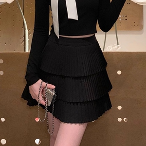黑色百褶裙蓬蓬半身裙女春秋季外穿松紧腰内搭打底蛋糕短裙A字裙