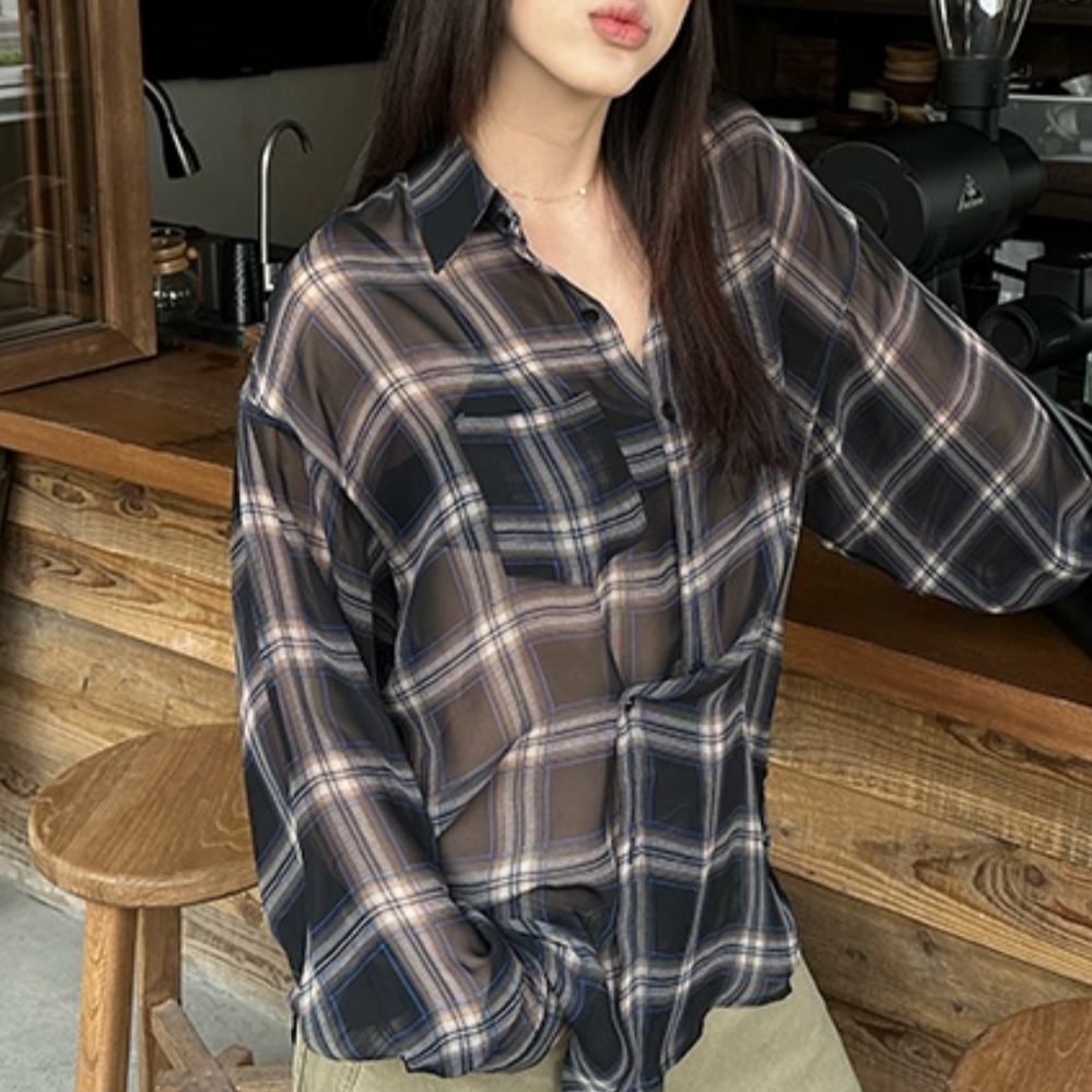 美式复古宽松格子长袖微透薄衬衫