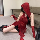 废土风红色连帽背心带半袖 内搭镂空上衣 修身 网纱t恤套装 女春夏季