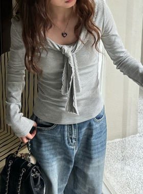 法式复古条纹蕾丝花边蝴蝶结长袖T恤打底衫女春秋季修身内搭上衣