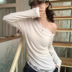 法式复古纯欲风白色蕾丝长袖打底衫女春秋季内搭修身短款露肩上衣