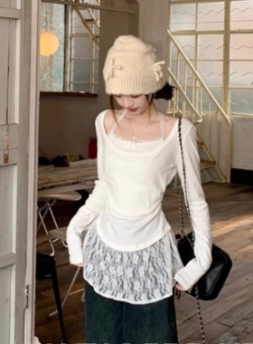 法式复古长袖假两件蕾丝挂脖打底衫女春秋装夏季叠穿内搭屁帘上衣