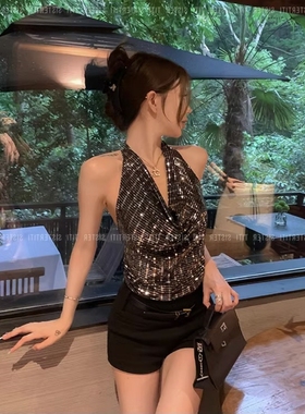 ins辣妹性感露背亮片无袖V领上衣夏季修身打底衫春秋短款挂脖背心