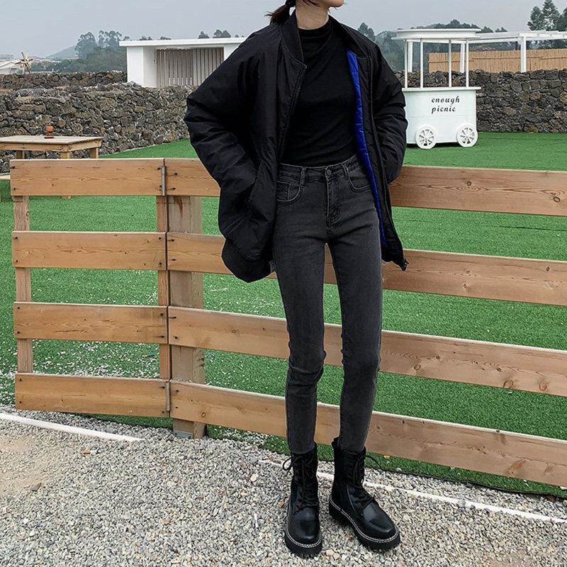 显瘦小脚牛仔裤女九分高腰春秋冬2025新款加绒烟灰黑色紧身铅笔裤