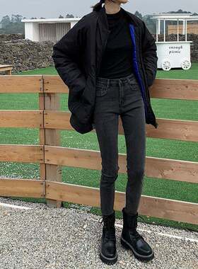 显瘦小脚牛仔裤女九分高腰春秋冬2025新款加绒烟灰黑色紧身铅笔裤