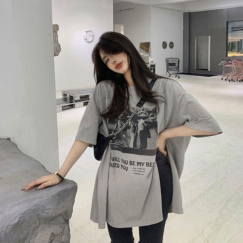 韩国欧货灰色开叉短袖t恤女宽松中长版设计感半袖个性潮大尺码气