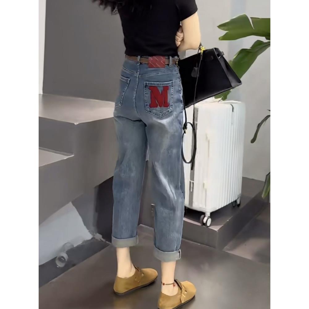 香港TIMO大尺码梨型身材九分哈伦牛仔裤女微胖mm显瘦弹力窄版老爹