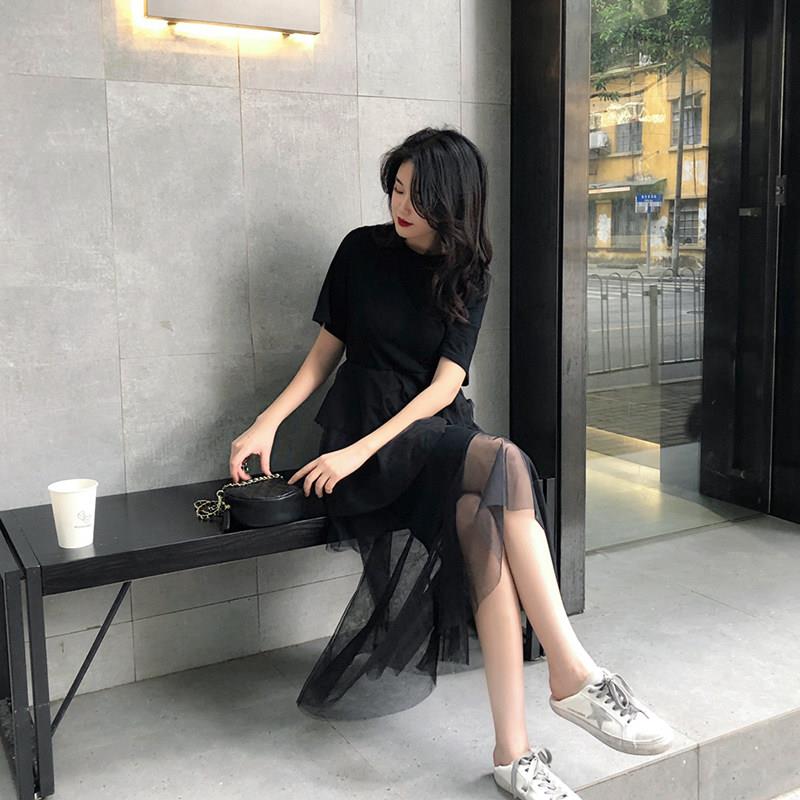 香港专柜2026夏季网纱拼接超仙高腰显瘦洋装女赫本中长版小黑裙