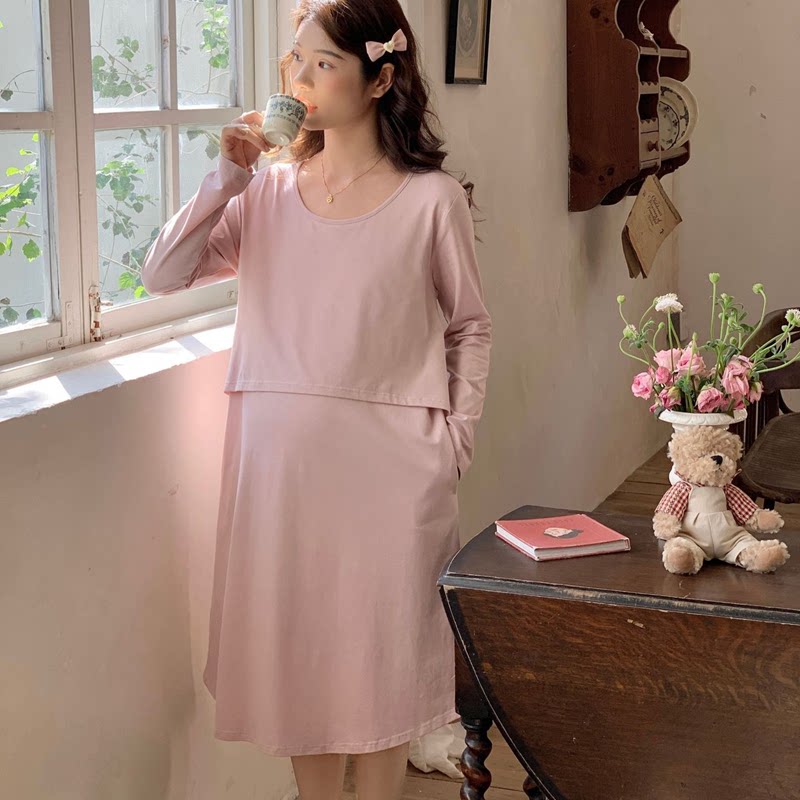 纯棉月子裙女春夏长袖薄款待产裙纯色哺乳裙怀孕期产后睡衣6月7月