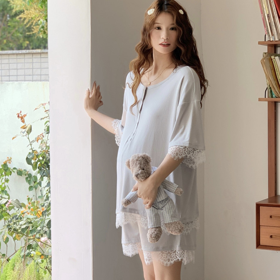 夏季凉感带胸垫哺乳月子服薄款莫代尔短袖短裤套装孕妇睡衣待产服